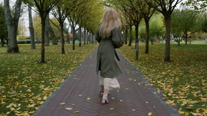 Fototapeta premium Wide shot of smiling fashionable woman having joyful walk in autumn park .
