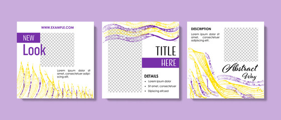 Editable social media post templates with purple, violet and yellow wave accent. Modern business banner graphics for online advert or fb and instagram, product presentation, sale, offer	