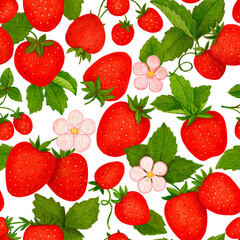Crayon raspberry and strawberry with leaves seamless pattern. Hand drawn artistic berry repeatable background with pastels. Cute Colorful stylish illustration for backgrounds, textiles, tapestries.