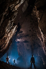 Speleologists wondering and admiring a gigantic cave chamber