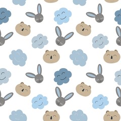 Pattern with rabbits and bears. Designed for textile fabrics, kid’s room, wallpaper.
