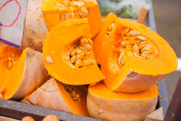 Pumpkin for sale on stall at local food farmers market