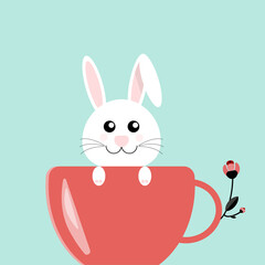 Easter Bunny in pink Coffee Cup and Flower.Greeting Card on Light Blue Background with copy space.Greeting Card and cafe