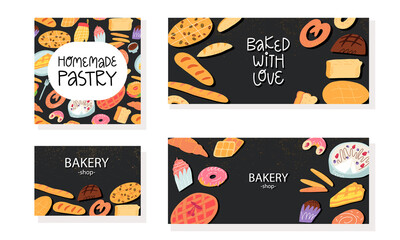 Bakery calling card, banner templates set. Traditional Italian,Belgian, German, Spanish sweet pastry and bread, desserts