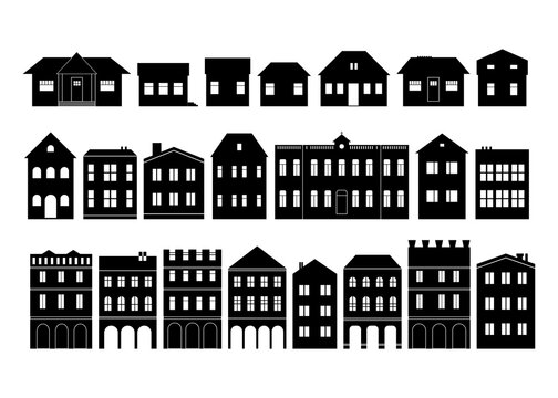 Houses silhouette clipart in village or small town street. Black and white vector
