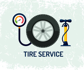 Tire fitting. Pump, car wheel and tire pressure gauge in flat design. Vector stock illustration.