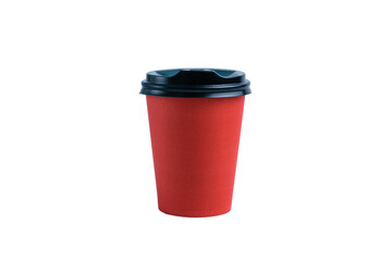 Red paper cup with plastic lid on white background