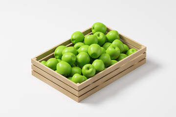 Wooden box with apples on a white background. Concept of healthy food, seasonal fruits, food for sale. Isolated on white background. 3d rendering
