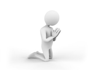 3D illustration of a cartoon man kneeling on the ground and praying god with heads down
