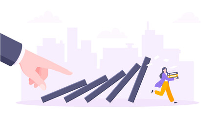 Domino effect or business cowardice metaphor vector illustration concept. Adult young businesswoman run away from hand falling domino line business concept problem solving and danger chain reaction.