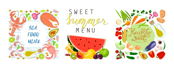 Square compositions menu banner with different with food