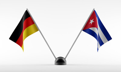 Stand with two national flags. Flags of Germany and Cuba. Isolated on a white background. 3d rendering