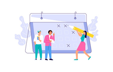 Tiny people make an online schedule in the huge calendar