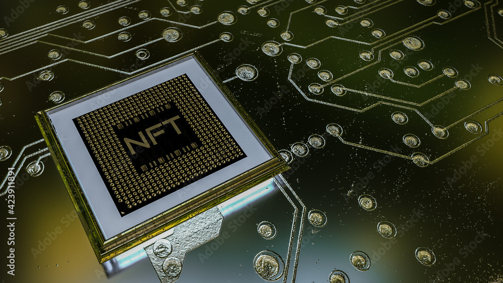 Poster picture with the inscription nft in a baguette on the background of a printed circuit board. 3d rend