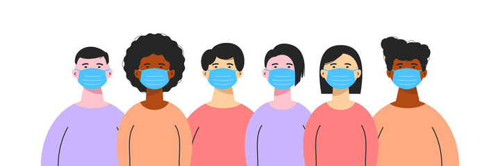 Group of different people wearing medical masks isolated on white background. Coronavirus protection, pandemic prevention measures. COVID-19 prevention concept. Vector flat