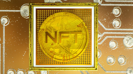 picture with a gold coin with the inscription nft in a baguette on the background of a printed circuit board. 3d render illustration