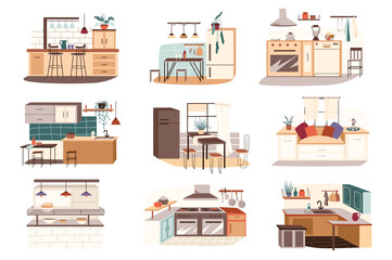 Different kitchen isolated scenes set. Dining and kitchen tables, furniture sets, household appliances, dishes, seating. Bundle of modern interiors. Vector illustration in flat cartoon for web design