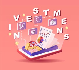 Investments vector illustration. Business elements isolated on pink background. Save money strategy. Growing capital. Gold, property, Shares, cash, currency. Vebsites design. Real estate.