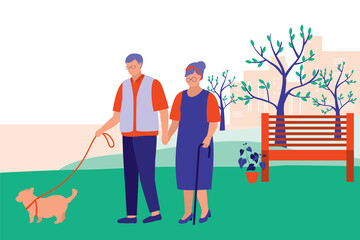 Senior Couple With Their Dog Walking In The Park. Marriage And Healthy Lifestyles Concept. Vector Flat Cartoon Illustration. Old Married Couple Spending Time Together.