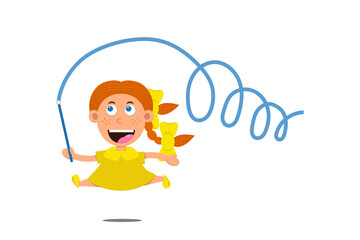 Cute cartoon little girl in yellow dress with freckles and red hair with bows. Kid character isolated on white background. Happy smile children gymnast with blue ribbon. Vector illustration