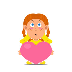 Cute cartoon blush little girl in yellow dress with freckles and red hair with bows. Kid character isolated on white background. Confused children hug pink heart. Vector illustration