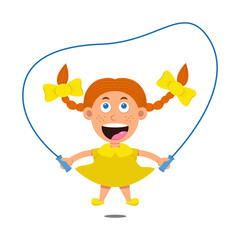 Cute cartoon little girl in yellow dress with freckles and red hair with bows. Kid character isolated on white background. Happy smile children jumping rope. Vector illustration