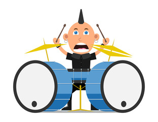 Punk rock star. Rocker drummer character isolated on white background. Cartoon flat man with drums. Vector illustration