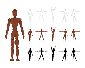 Wooden man mannequin collection isolated on white background. Wood dummy with different poses. Cartoon flat toy. Vector illustration