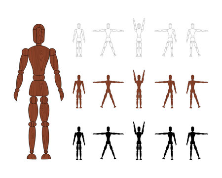 Wooden man mannequin collection isolated on white background. Wood dummy with different poses. Cartoon flat toy. Vector illustration