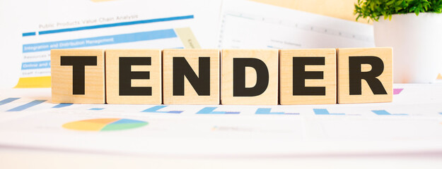 TENDER word on wooden cubes. The background is a business graphs. Business and finance concept