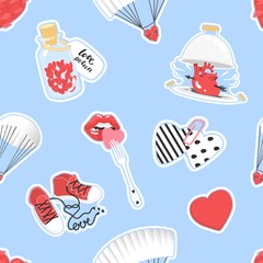 Pattern for Valentine's Day. Vector illustration. Print, poster, paper, textile and card design. Heart, love, romantic, celebrating, merry, wedding, potion, parachute, shoes, dish, myocardium. 
