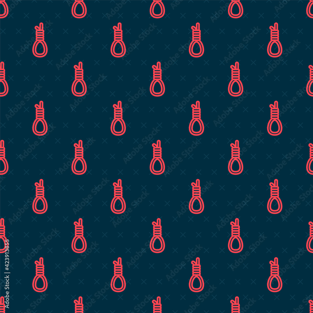 Poster red line gallows rope loop hanging icon isolated seamless pattern on black background. rope tied int