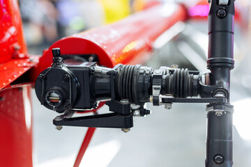 Detail of the rear vertical rotor of an helicopter. Close up look to the mechanics of the...