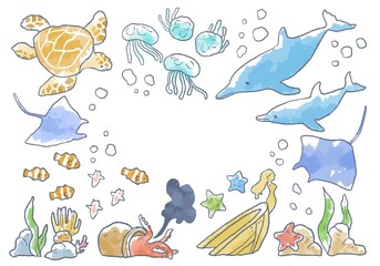 優しいタッチの海の生き物イラストフレーム