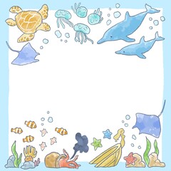 優しいタッチの海の生き物イラストフレーム