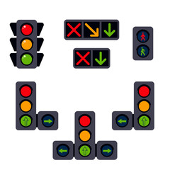 Set of traffic lights: reversible, pedestrian, automobile, with an additional section in a flat design. Traffic control tool. Vector stock illustration