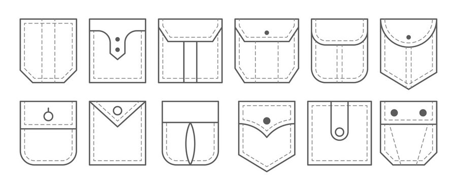 Vector clothing isolated icons set. Patch pocket bag.