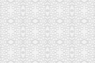 Original volumetric convex white background. Ethnic African, Mexican, Indian style. 3D texture with a pattern of geometric shapes and decorative flowers for wallpapers, presentations, stained glass.