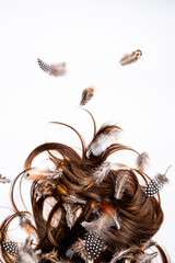 Feathers and hair on a white background close-up