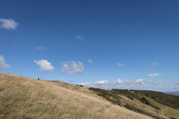 Fototapeta na wymiar ALFRISTON, EAST SUSSEX/UK - SEPTEMBER 6 : People walking over the South Downs on a summers day near Alfriston in East Sussex on September 6, 2020. Unidentified people
