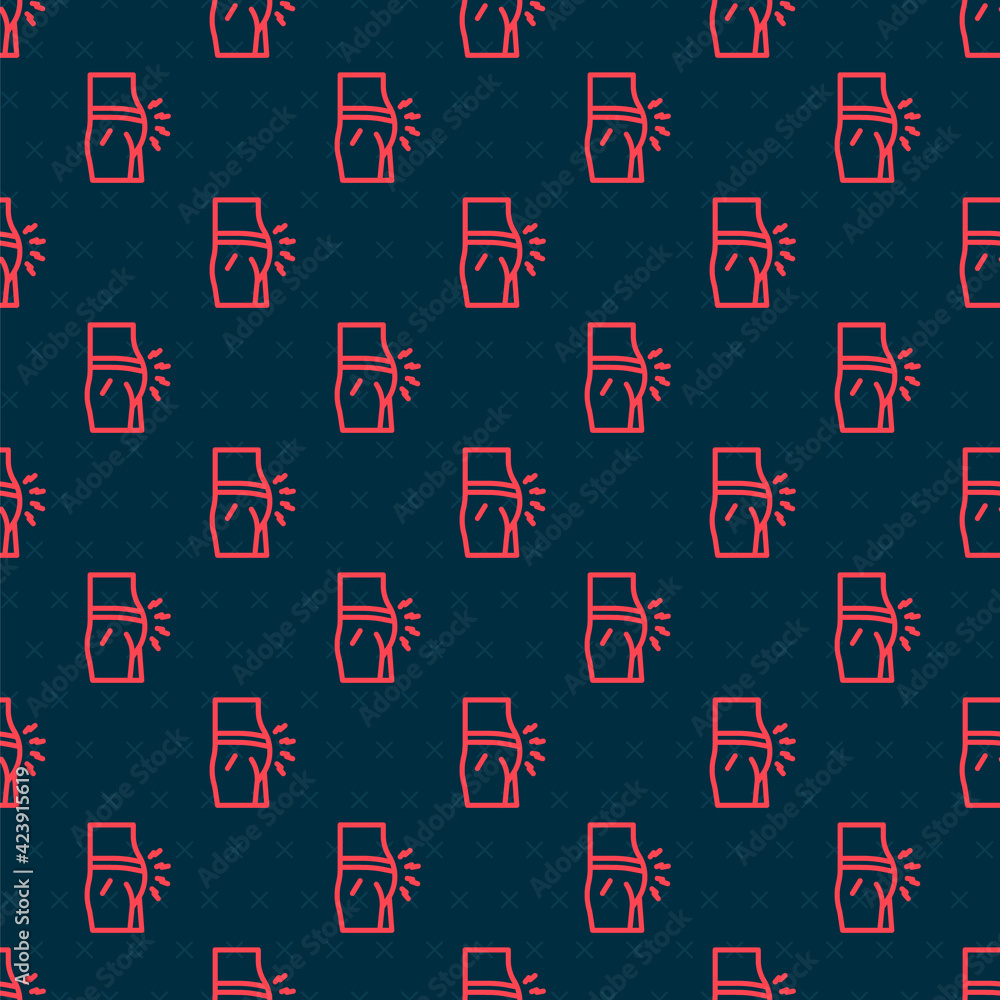 Poster red line abdominal bloating icon isolated seamless pattern on black background. constipation or diar