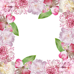 Beautiful floral frame of alstroemeria, peony and carnation. Isolated 