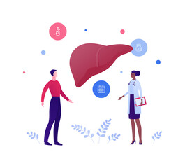 Liver disease, diagnosis and treatment concept. Vector flat people illustration. Male patient and african american female doctor. No alcohol icon, medication pill icon. Design for health care.