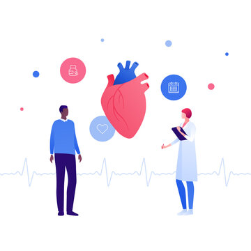 Cardiology And Heart Disease Concept. Vector Flat People Illustration. African American Patient And Asian Female Doctor Talk. Heartbeat Sign. Checkup, Healthy Lifestyle Symbol. Design For Health Care.