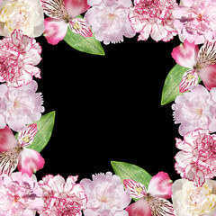 Beautiful floral frame of alstroemeria, peony and carnation. Isolated 
