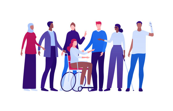 Inclusion and diversity concept. Vector flat people character illustration. Multicultural and multinational happy male and female crowd. Blind with stick, woman in wheelchair, man with prosthetic arm.