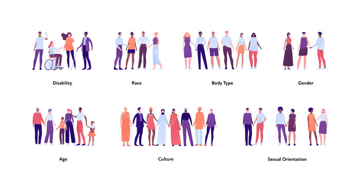 Inclusion and diversity concept. Vector flat people illustration. Multicultural, multiracial happy male and female character set. Different age, gender and body type. Handicap person.