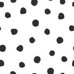 Simple pattern with black hand drawn dotes on white background. Vector illustration. Unique shapes. Paper, textile, design. Seamless ornament. Circles, dotes. 