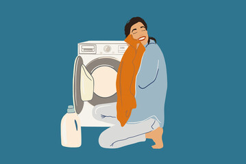 A pretty woman smiling and hugging a gentle scarf after softener near washing machine. A big white bottle of detergent. Housewife doing routine. Flat style. Vector illustration 