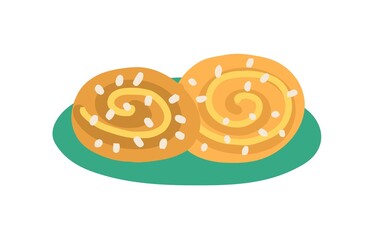 Cinnamon buns with sprinkled sugar. Baked danish cinamon roll. Traditional Swedish bakery. Colored flat vector illustration isolated on white background